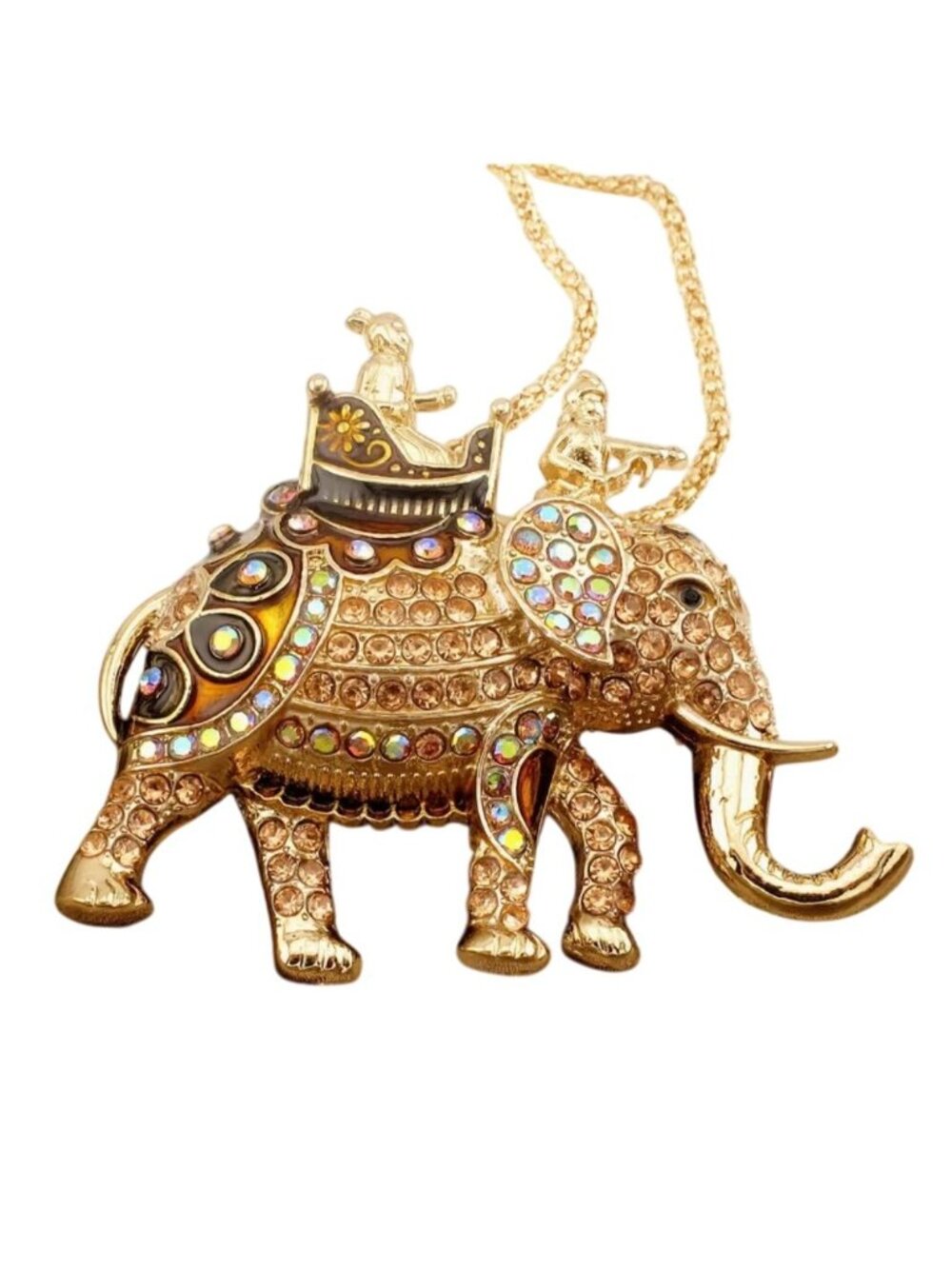 Pendant Necklace Amber Crystal Elephant Gold Tone